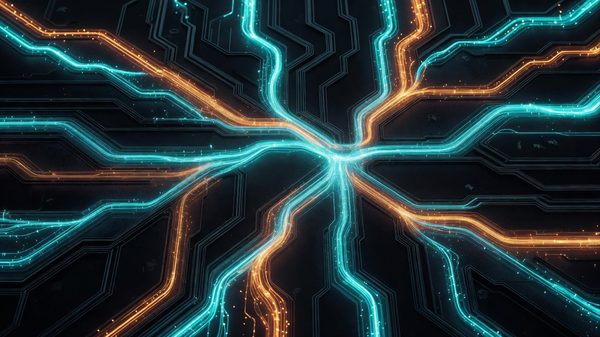 Abstract data flow diagram with branching pipeline nodes and monitoring indicators on dark background