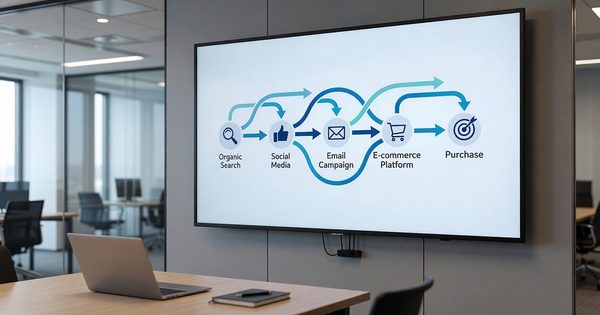 Marketing attribution touchpoint diagram on large monitor showing user journey across channels