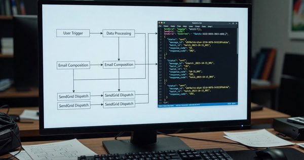 Email automation workflow diagram on developer screen with SendGrid API response data visible