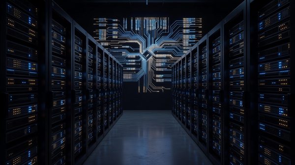 Dark data center aisle between server racks with a glowing branching circuit diagram on the far wall