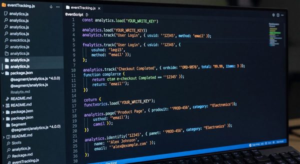 Code editor showing JavaScript event tracking with Segment