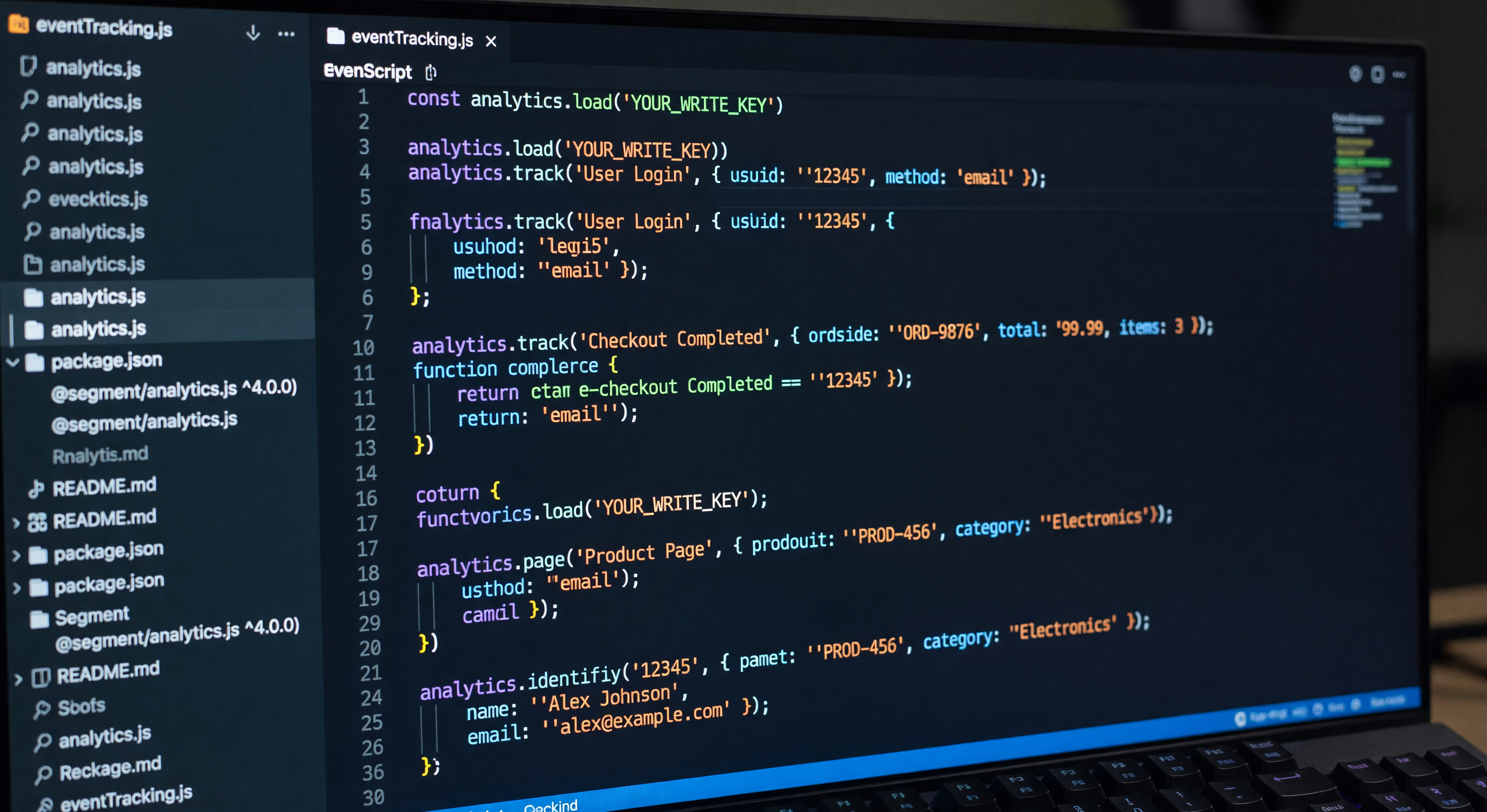 Code editor showing JavaScript event tracking with Segment