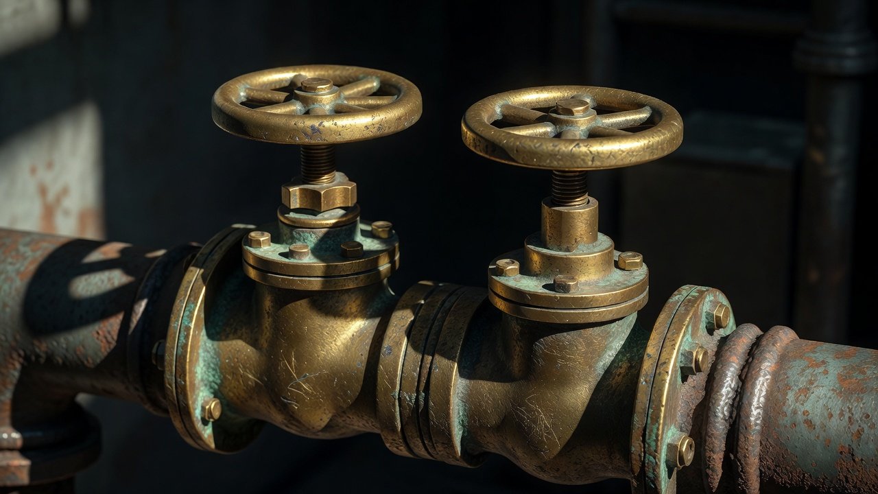 Two old brass water valves on a pipe, one fully closed and one partly open, industrial close-up