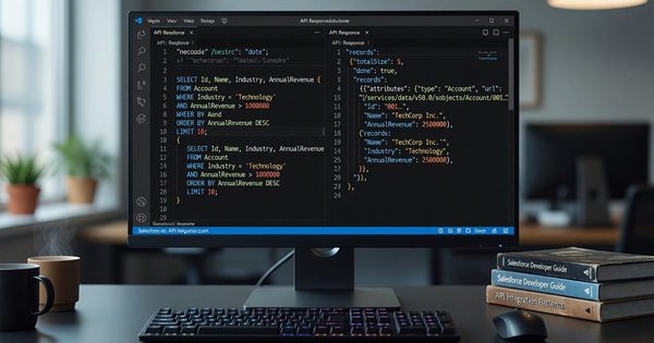 Developer environment showing Salesforce API connection code with SOQL query and response data