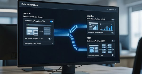 Segment source and destination configuration interface showing event flow from web to analytics and CRM destinations