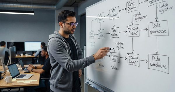 Developer reviewing server-side tracking architecture diagram on a whiteboard in a tech office