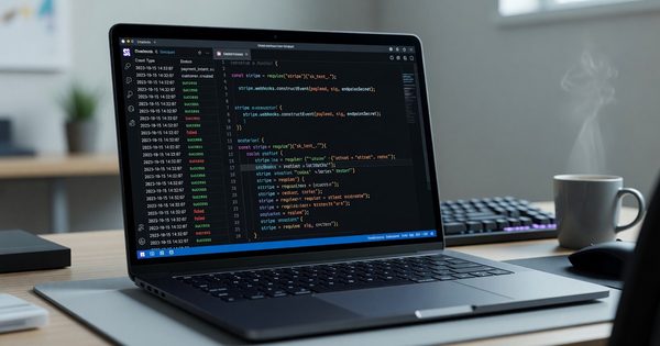 Developer laptop showing Stripe webhook event logs and payment integration code